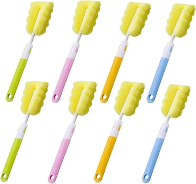 Set van 8 Stuks Flessenborstels voor Babyflessen en Bekers - Schuimborstels met Lange Handgreep in Oranje, Blauw, Groen en Roze voor Grondige Reiniging
