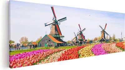 Artaza Canvas Schilderij Molen - 60x20 cm - Wanddecoratie Tulpen - Muurdecoratie Nederland - Kamer Accessoires Lente