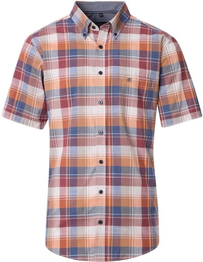 CASA MODA Sport casual fit overhemd - korte mouw - chambray - rood - met oranje - blauw en wit geruit - Strijkvriendelijk - Boordmaat: 39 - 40