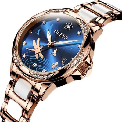 HO-6610.rs-bl : Olevs roségoudkl libelle tourbillon/mechanisch keramisch/edelstaal dames horloge, magisch blauwe wijzerplaat, luminiscerend, kalenderdag, rhinestone's