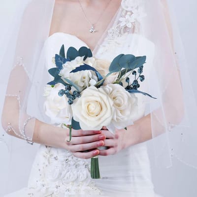 Bruiloft Boeket - Kunstbloemen Set - Bruiloft Decoratie - Romantische Stijl - Klein 18cm - Romig Wit Blauw
