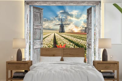 Behang - Fotobehang Bloemen - Molen - Lente - Doorkijk - Breedte 240 cm x hoogte 240 cm