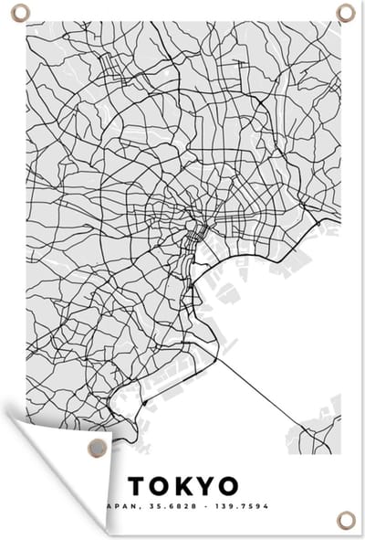 Muurdecoratie Tokyo - Stadskaart - Zwart Wit - Plattegrond - Kaart - 120x180 cm - Tuinposter - Tuindoek