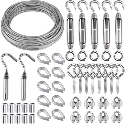SnelShoppen - 44-delige Tuin Draadset, Kabel Rail Kit, Foto Draad, PVC gecoate Kabel, RVS Spanner, Voor Tuin, Camping en Decoratie