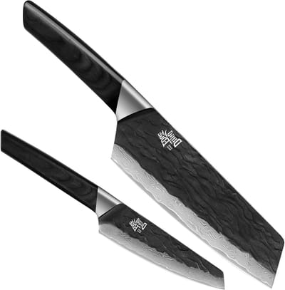 2-delige Damaszener Koksmes Set met 17,8 cm Bunka en 12,7 cm Allroundmes, 67 Lagen Staal, Pakkawood Handvat, Perfect voor Koken en Cadeaus