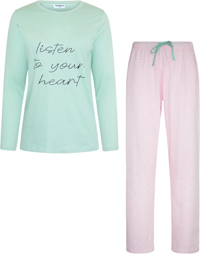 Gaubert Essential Dames Pyjama Lange Mouw - Broek met Zakken - Premium Gekamd Katoen - Listen to your Heart - Mintgroen - Maat S - GB-2802