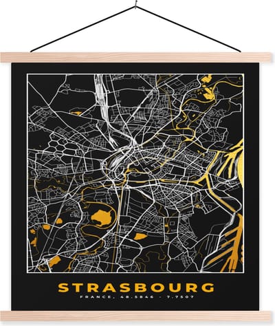Posterhanger incl. Poster 40x40 cm - Schoolplaat - Frankrijk – Plattegrond – Kaart – Strasbourg – Stadskaart - Textielposter - Blanke latten - Stadskaart