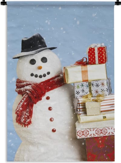 Wandkleed Kerst - Een sneeuwpop met kerstcadeautjes Wandkleed katoen 60x90 cm - Wandtapijt met foto