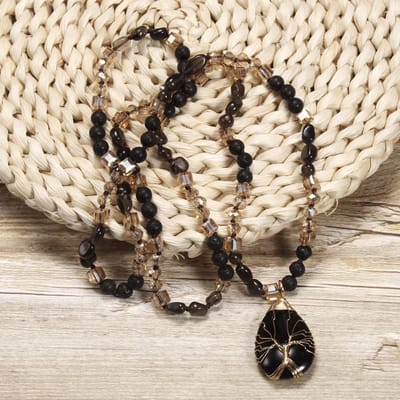 ASTRADAVI Mode Sieraden - Ketting - Prachtige natuursteen ketting - waterdruppel hanger met levensboom - Zwart