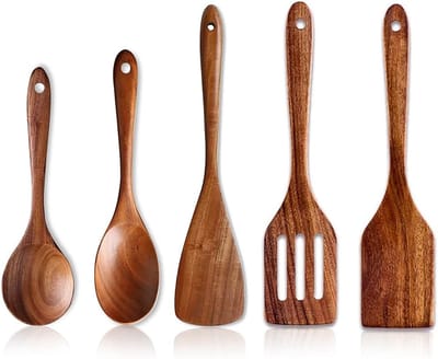 Famanu – 5 Stks Houten Lepels Voor Koken Keukengerei Set Acacia Hout Koken Spatel Turner Niet Giftig Gebruiksvoorwerp Slotted Serveerlepel Platte Spatels Set Houten Gebruiksvoorwerp Mengen Koken Lepel