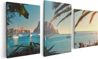 Artaza Canvas Schilderij Drieluik Ibiza Cala d'Hort Strand  - 120x60 - Foto Op Canvas - Canvas Print