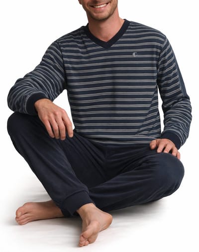 Gentlemen - Badstof Heren Pyjama - Donkerblauw - V-hals - Maat L