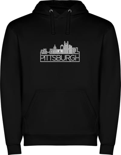 Zwarte unisex hoodie met “ Skyline Pittsburgh Pennsylvanie – Vakantiegevoel – Strak – Modern “ Print Full Color Color merk Roly maat S