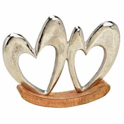 Displaystandaard schommelhart op mangohouten voet van zilverkleurig metaal (B/H/D) 19x14x3cm