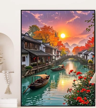 DIY kruissteekborduurpakket/Jiangnan mistige regen zonsondergang/gedrukt kruissteekpatroon borduurpakket (frame niet inbegrepen) 40*50CM