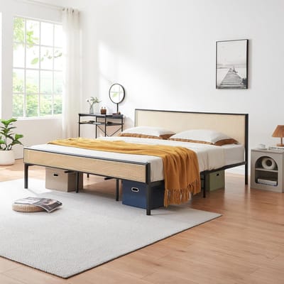 Tweepersoonsbed Metaal 180x200 cm met Rotan Look Hoofdeinde en Voeteneinde