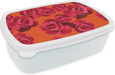 Broodtrommel Wit - Lunchbox - Brooddoos - Rozen - Oranje - Patroon - 18x12x6 cm - Volwassenen