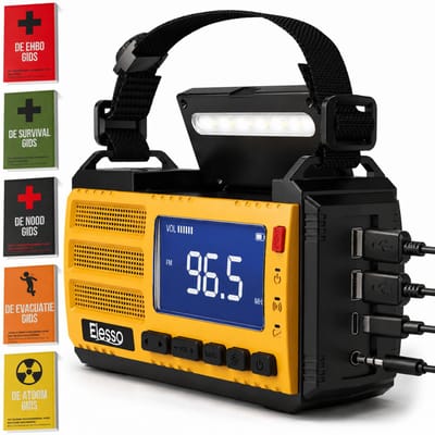 Elesso® Noodradio Solar Opwindbaar Draagbare Radio - Noodpakket - Powerbank Op Batterijen - Zaklamp – Zonneenergie - Bouwradio - 10.000 mAh - Gratis E book