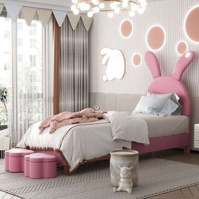 REDOM Luxe Kinderbed Konijn (90x200) - Roze Fluweel met LED Verlichting & 2 Opbergbanken - Prinsessenbed - Verstelbaar Hoofdbord