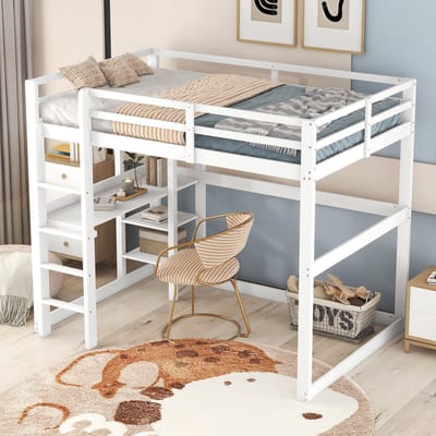 MODFU Hoogslaper 140x200 cm – Met Bureau & 4 Opbergvakken – Antique White – Massief Grenenhout & MDF – Tijdloos Design – Inclusief 15 Latten Lattenbodem – Max. 120 kg – Perfect voor Tienerkamer of Studenteenkamer