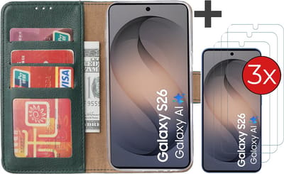 Hoesje met 3 Stuks Screenprotectors Geschikt voor Samsung Galaxy S26 – Arara bookcase met pasjeshouder - Groen