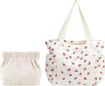 Dames Corduroy Tote Bag met Rits, Grote Eenvoudige Tas met Kleine Pocket, Aardbeienpatroon in Beige