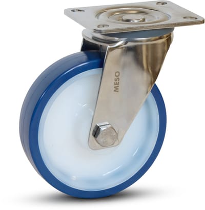 Blauw PU RVS zwenkwiel met topplaat -125mm - 220kg