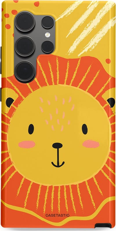Casetastic hoesje geschikt voor Samsung Galaxy S24 Ultra - Dubbellaagse bescherming - Vrolijke leeuw - Fashion Case - Goud Rood Oranje