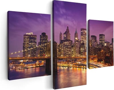 Artaza Canvas Schilderij Drieluik Skyline New York Van Centrum In Het Paars - 90x60 - Foto Op Canvas - Canvas Print