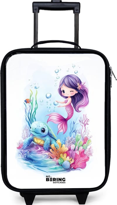 NoBoringSuitcases.com® - Kinderkoffer jongen - Kindertrolley meisje - Zeemeermin met blauw schildpad tussen koraal - Koffer kind lichtgewicht - Reiskoffer trolley voor kinderen - Koffertje met lichtgevende wieltjes - Rolkoffer zwart