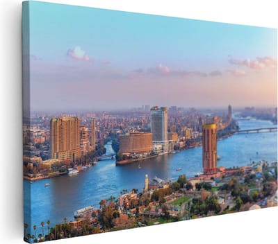 Artaza Canvas Schilderij Stad Egypte - 30x20 cm - Klein - Muurdecoratie Skyline - Wanddecoratie Nijl - Kamer Accessoires
