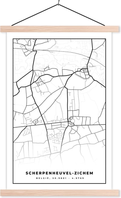Posterhanger incl. Poster 40x60 cm - Schoolplaat - België – Scherpenheuvel Zichem – Stadskaart – Kaart – Zwart Wit – Plattegrond - Textielposter - Blanke latten - Stadskaart