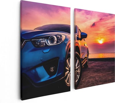Artaza Canvas Schilderij Tweeluik Blauwe Sportwagen Auto Bij Zonsondergang - 80x60 - Foto Op Canvas - Canvas Print
