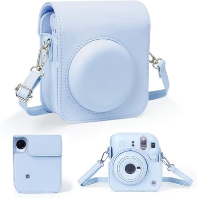 Beschermende Hoes voor Instax Mini 12 Camera, PU Leren Tas met Verstelbare Schouderband en Opbergtas, Blauw, Ideaal voor Fotografie en Reizen