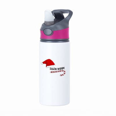 Hacebo® - Kerst zuurstok en kerstmuts met eigen naam waterfles met rietje roze - Kerstmis - Kerst beker - winter - kerst - christmas - kerst cadeau - water fles - 650ML