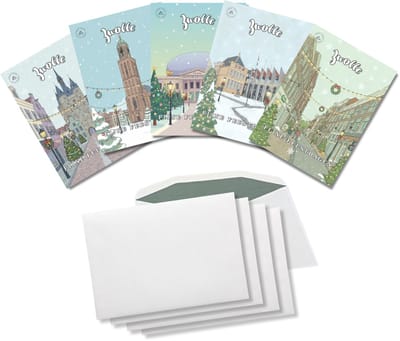 Inspra Studio – Luxe Kerstkaarten met Enveloppen – 5 Stuks – Zwolle Stad Wenskaarten – Artistieke Illustraties van Nederlandse Steden