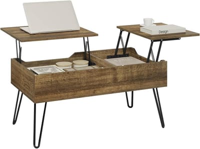 BukkitBow - Salontafel - met Dubbel Aparte Verborgen Opbergruimte / Opbergvak - Salontafel met 2 in Hoogte Verstelbare Bladen - Vintage Bruin Hout