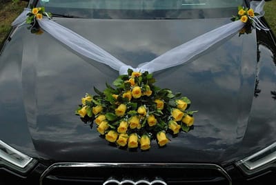 Kanten autoboeket, autoversiering, bruidspaar, rozen, decoratie, huwelijk, auto, bruiloftsdecoratie (geel 4)