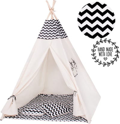 Springos Tipi Tent | Wigwam Speeltent | 120x100x180 cm | Met Mat en Kussens | Naturel Zwart | Golven
