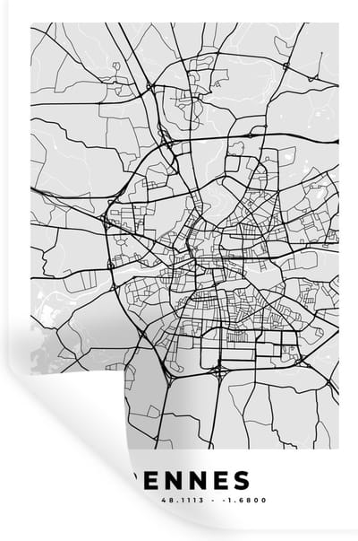 Muurstickers - Sticker Folie - Kaart - Stadskaart - Frankrijk - Rennes - Plattegrond - 20x30 cm - Plakfolie - Muurstickers Kinderkamer - Zelfklevend Behang - Zelfklevend behangpapier - Stickerfolie