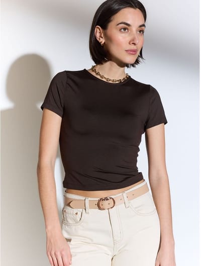 Next - Dames - Soft Touch Slinky Nylon Crew Hals Korte Mouw Top - Bruin