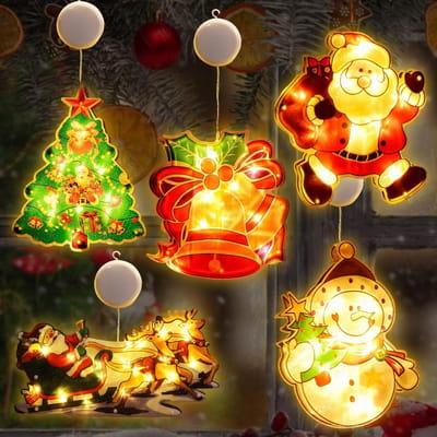 5 stuks LED-kerstdecoratie voor binnen en buiten, werkt op batterijen met zuignappen