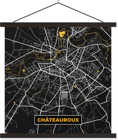 Posterhanger incl. Poster 60x60 cm - Schoolplaat - Kaart - Plattegrond - Frankrijk - Châteauroux - Stadskaart - Textielposter - Zwarte latten - Stadskaart