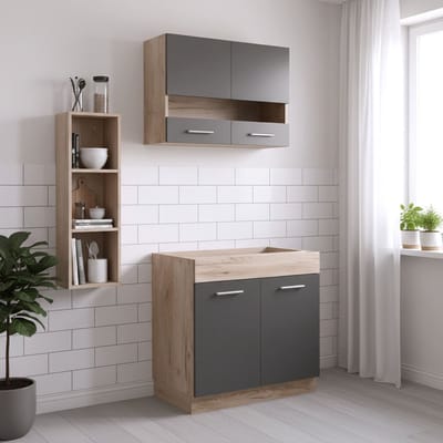 Homestyle4u Complete keuken - 80 cm - Eenpersoonskeuken - zonder Apparatuur - mat Eiken Glas - Grijs
