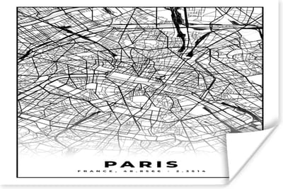 Poster Kaart - Paris - Plattegrond - Parijs - Frankrijk - Stadskaart - Zwart wit - 180x120 cm XXL