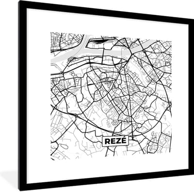 Fotolijst incl. Poster Zwart Wit- Stadskaart - Frankrijk - Kaart - Plattegrond - Rezé - Zwart wit - 40x40 cm - Posterlijst