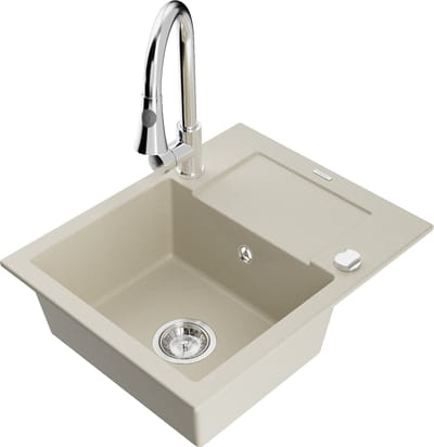 Mexen Enzo granieten spoelbak 1-kamerig met afdruiprek en keukenkraan Elia, beige - 6506-69-670101-00
