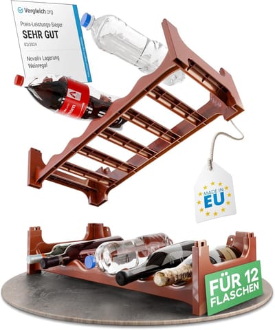 Flessenrek voor 12 flessen, bruin, uitbreidbaar, stapelbaar, drankenkast voor flessen, opslag voor petflessen, vlak wijnrek, wijnopslag, drankenopslag, flessenorganizer
