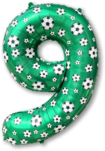 LUQ – Folieballon Voetbal 9 Jaar – 86 cm – Groen-Zwart-Wit – Football Party Versiering – Feest Decoratie – Helium Ready