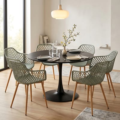 EGGREE eettafel en stoelen set - tafel met een diameter van 100 cm en 6 grijsachtig groen stoelen - geschikt voor bar - kookeiland - café en eetkamer.